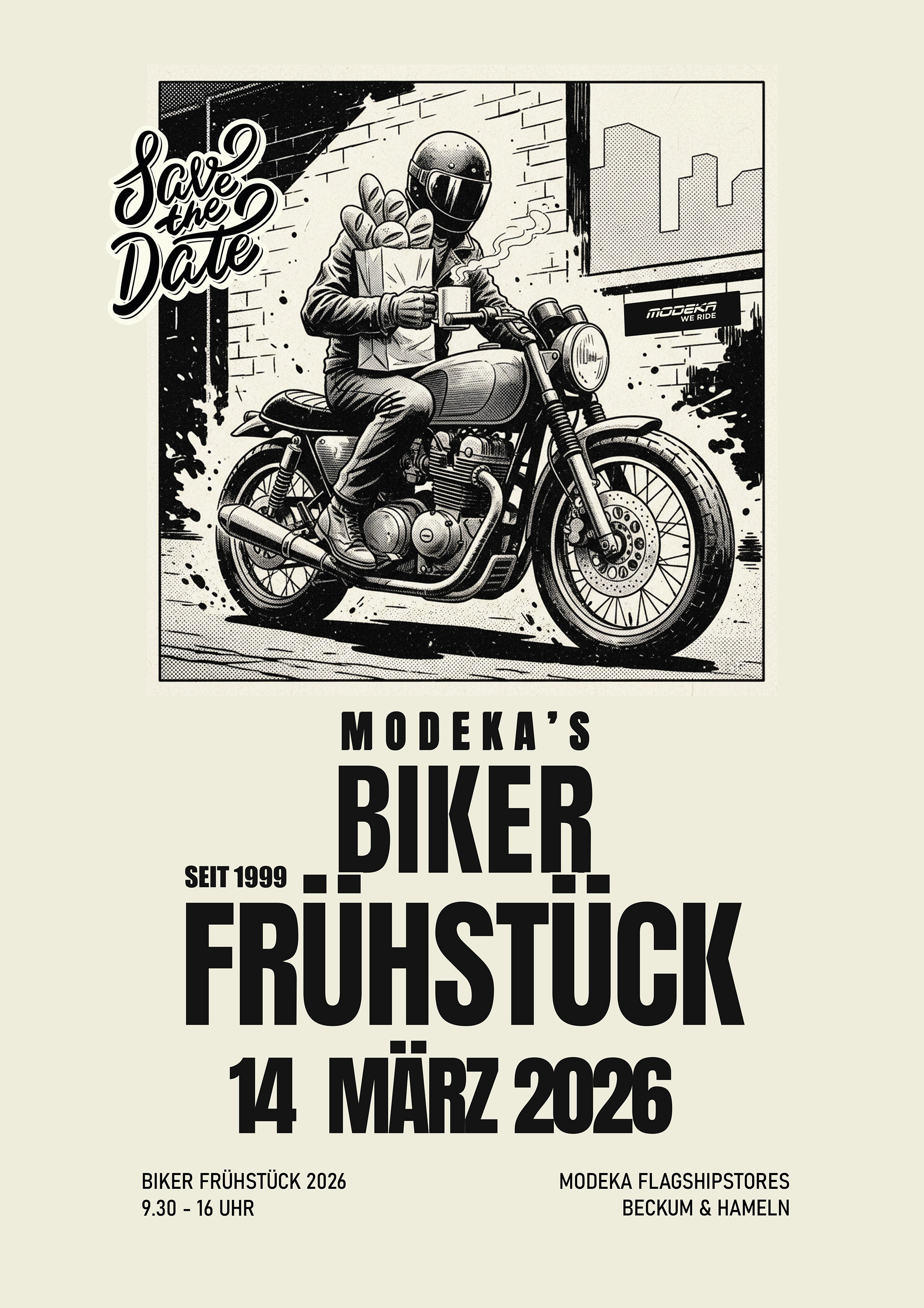 Plakat für das Modeka Biker Frühstück am 14. März 2026